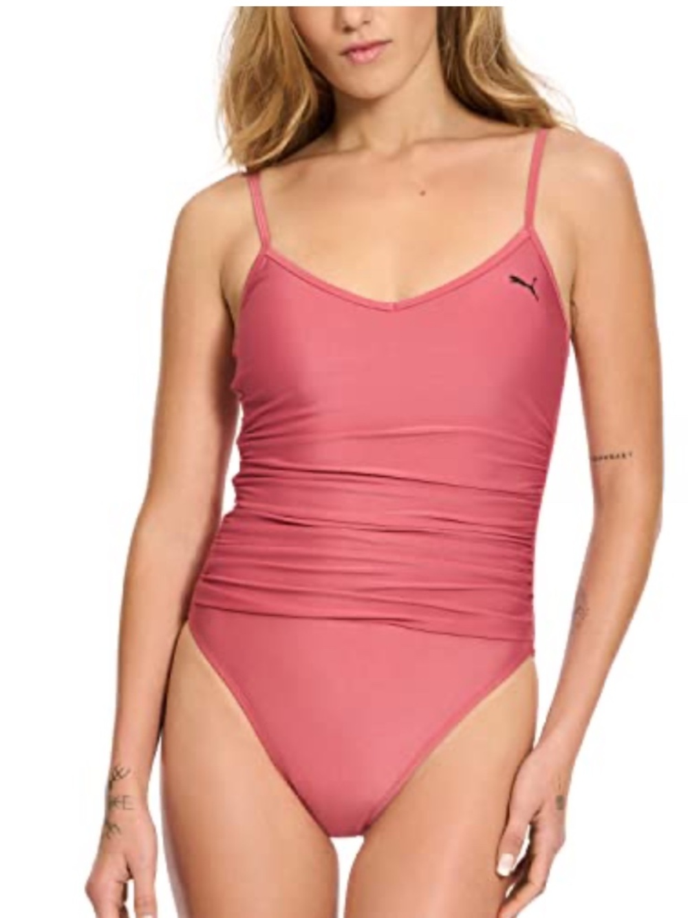 PUMA women's ruched one-piece swimsuit features a dusty rose pink color Size M